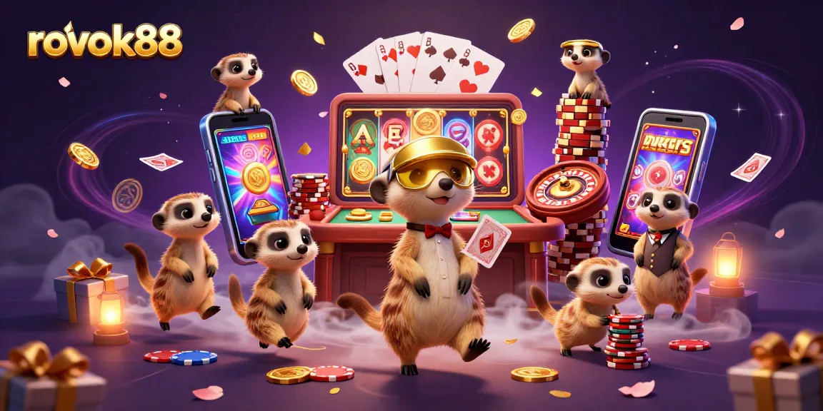 Experience the excitement of rokok88 with a vibrant casino scene featuring meerkats engaging in gaming activities.