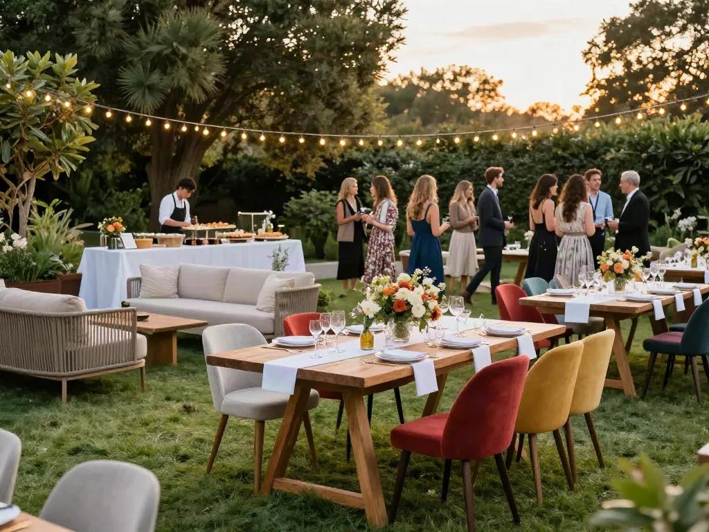 Event furniture rental setup featuring elegant outdoor dining with premium tables, bright chairs, and lounge areas in a garden during sunset.