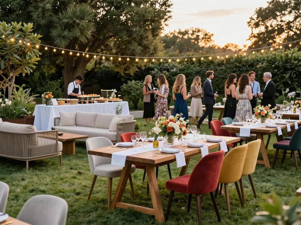 Event furniture rental setup featuring elegant outdoor dining with premium tables, bright chairs, and lounge areas in a garden during sunset.
