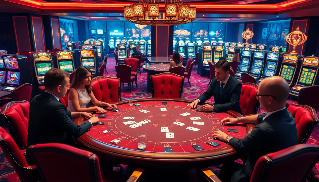 Jeu de poker à enjeux élevés dans un luxueux casino en ligne argent réel avec des parieurs glamour et une décoration vibrante.