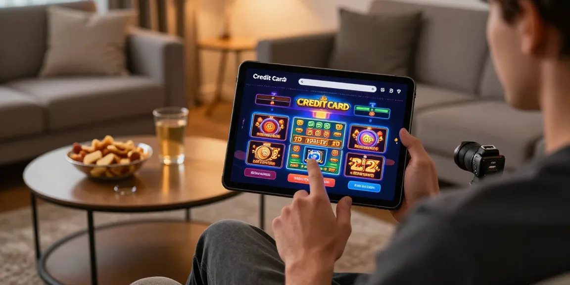 Player enjoying a tablet at a credit card casino, surrounded by vibrant game graphics and cozy atmosphere.