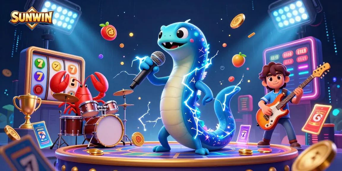 SUNWIN showcases an electrifying underwater casino scene with an electric eel DJ, lobster drummer, and seahorse guitarist performing amidst vibrant slot game elements.