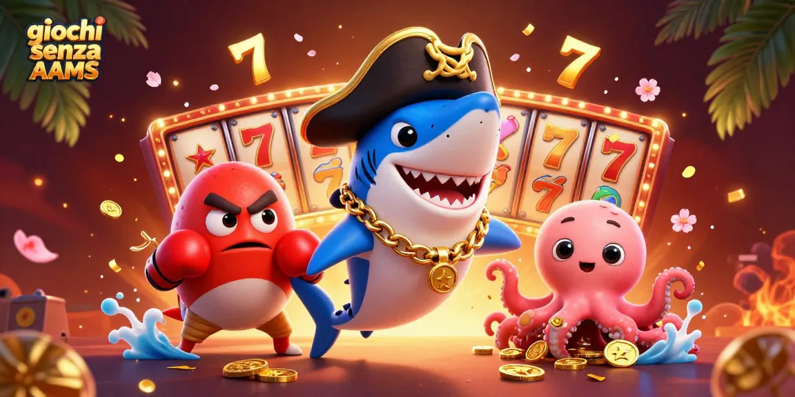 Vinci alla grande con emozionanti giochi senza AAMS in una vivace scena di un casinò a cartoni animati che mostra personaggi colorati.