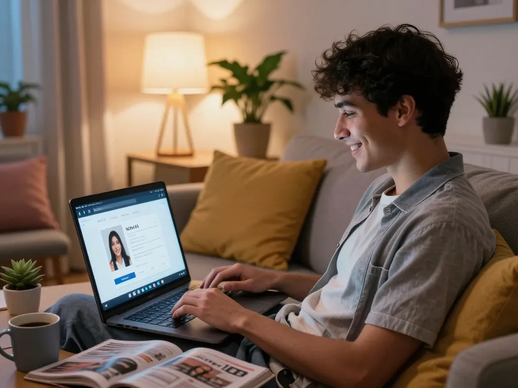Engaging user enjoying nsfw ai chat on laptop in cozy living room