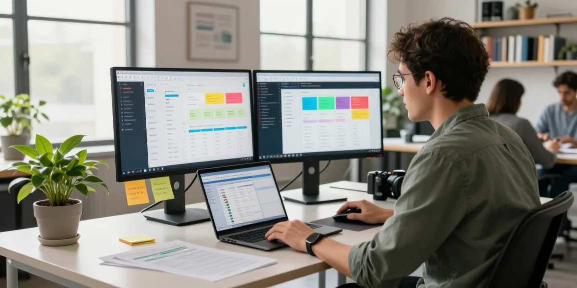Dynamic developer workspace scene showcasing Custom CRM Development Services with modern tech elements and collaboration.
