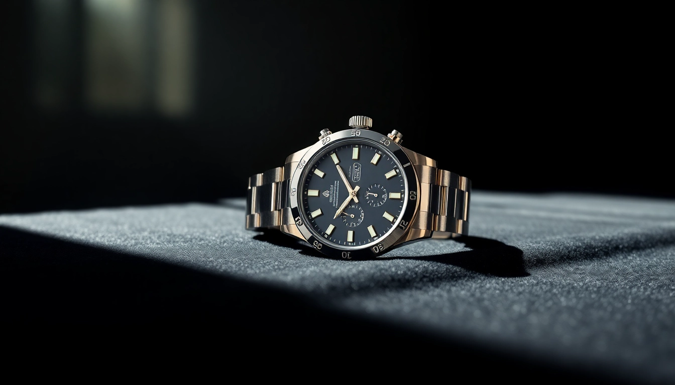 Showcase the elegance of a rolex replica with intricate details and dramatic lighting.