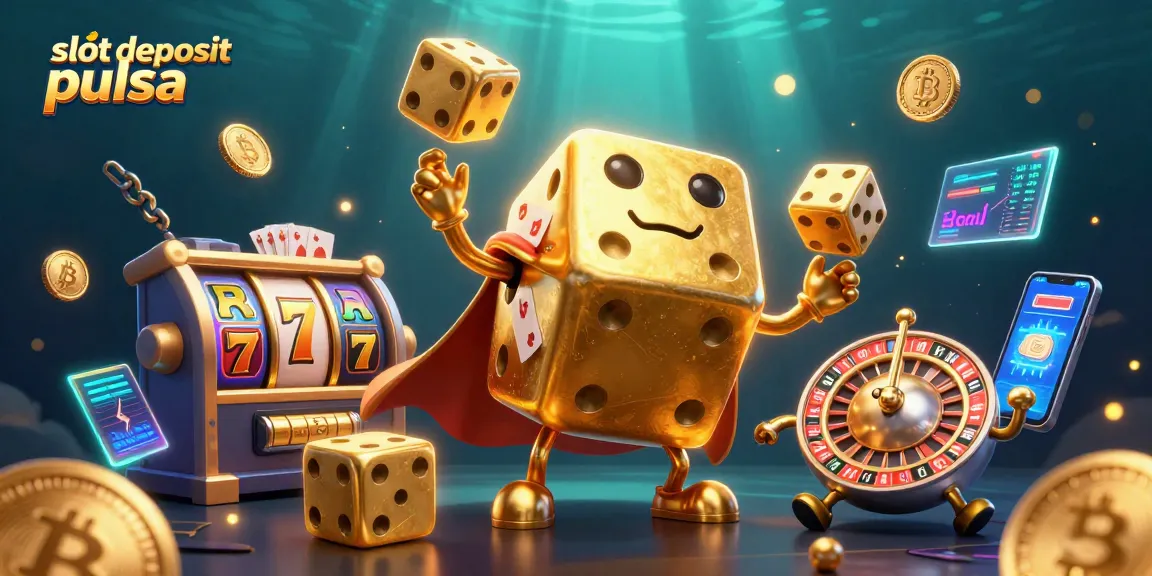Menangkan slot deposit pulsa dengan gambar ilustrasi detail 3D, menggambarkan dadu emas dan simbol permainan menarik lainnya.