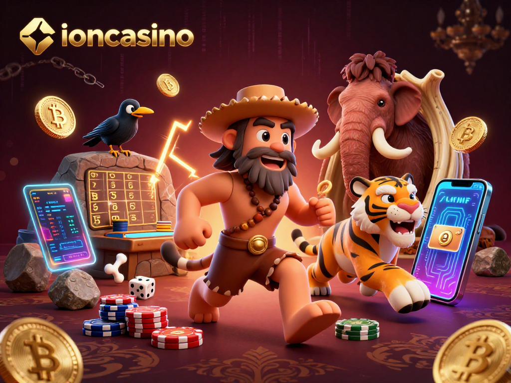 Experience thrilling gameplay at ioncasino with dynamic caveman and sabertooth tiger casino scene.