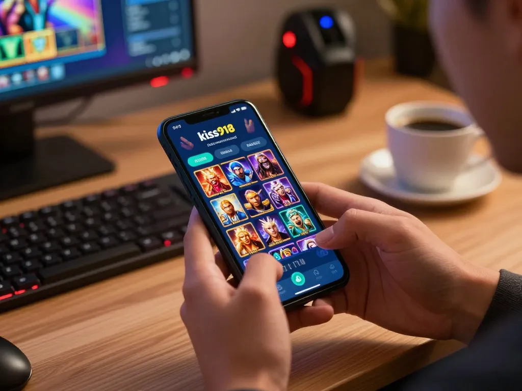 Pemain menikmati muat turun kiss918 di telefon pintar, menunjukkan antara muka permainan slot yang menarik.
