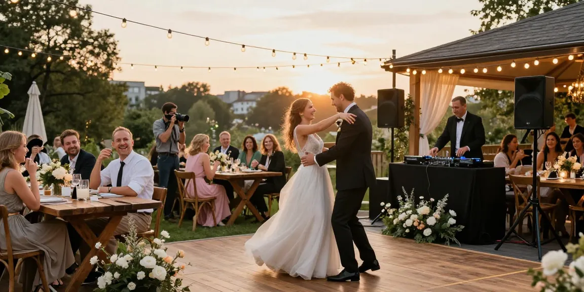 DJ für Hochzeit Berlin in einer romantischen Outdoor-Feier mit tanzenden Gästen und festlicher Beleuchtung