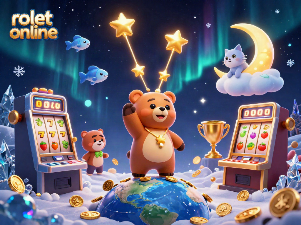 Spin the reels of rolet online while a constellation bear collects coins in this vibrant casino illustration.