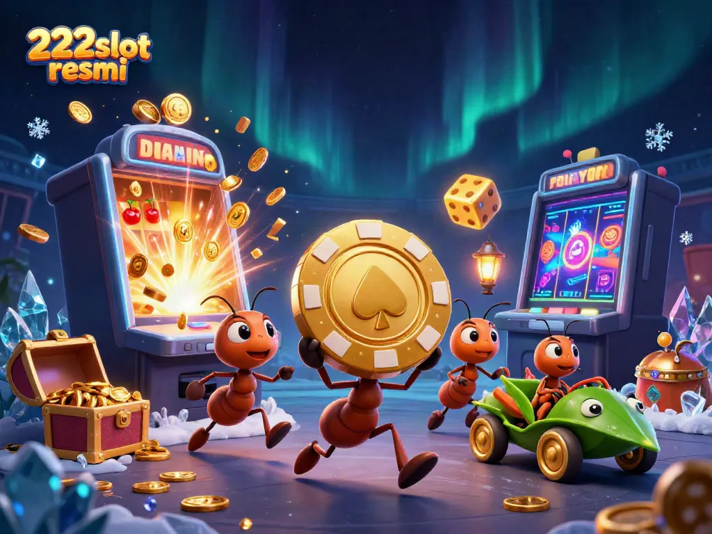 Rasakan keseruan permainan di 222slot resmi dengan ilustrasi kartun 3D tim semut membawa chip poker emas.