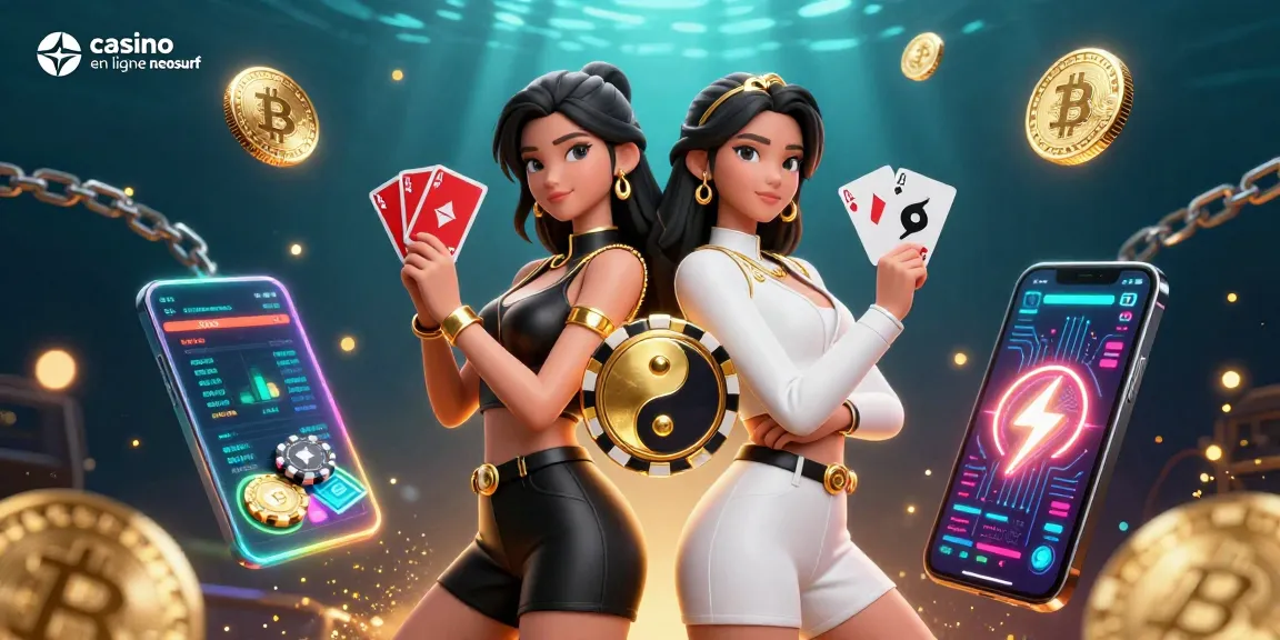 Interagissez avec le casino en ligne neosurf dans cette illustration 3D dynamique mettant en scène des femmes asiatiques jumelles avec des cartes au milieu d'éléments de casino vibrants.