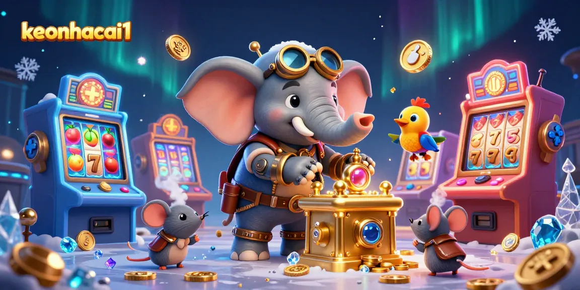 Engage with keonhacai1's vibrant casino scene featuring a steampunk elephant and golden slots.