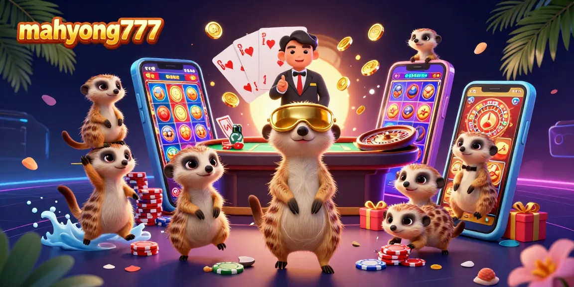 Experience mahyong777 with a lively 3D meerkat casino scene showcasing vibrant game elements.