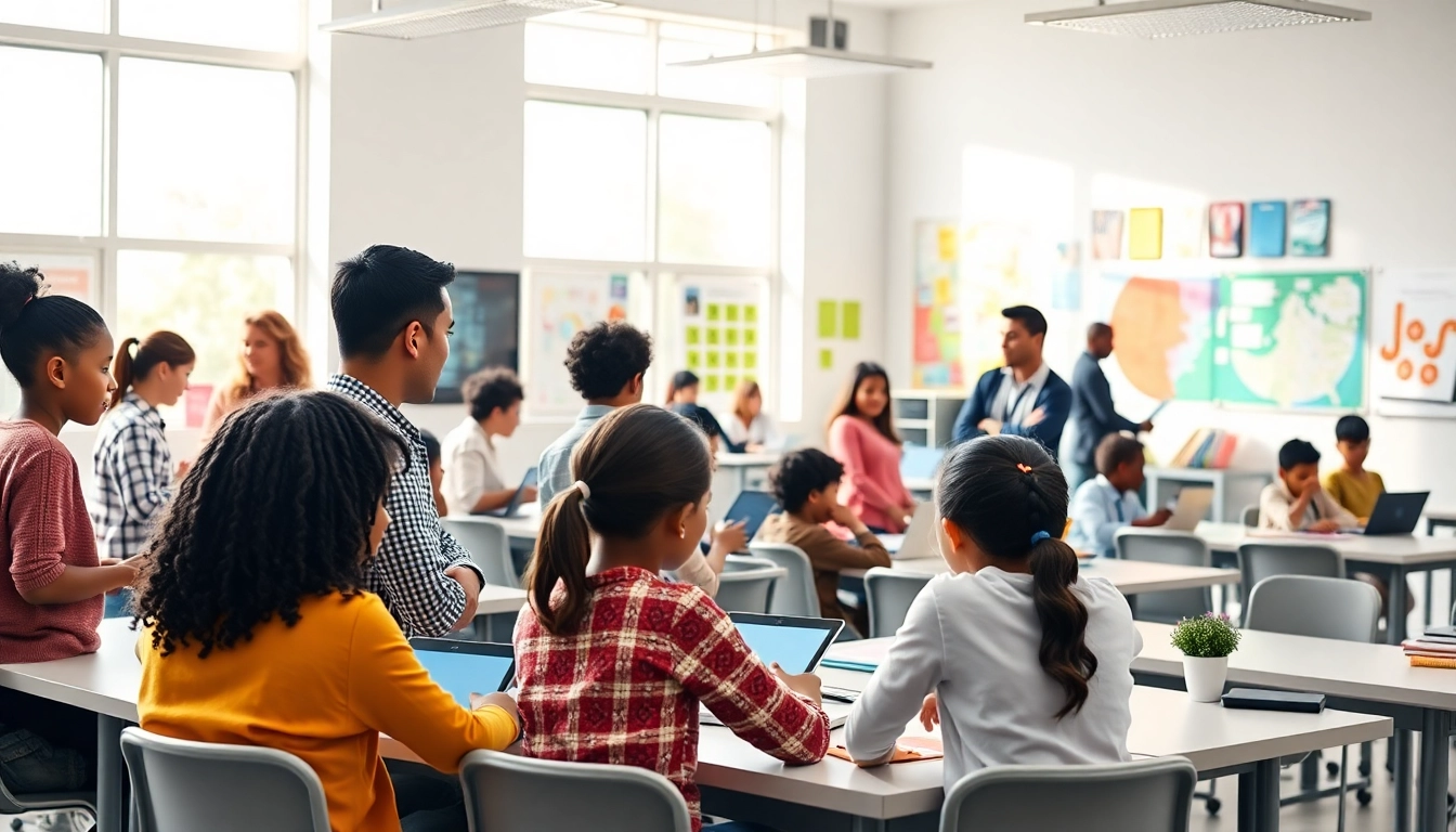 Education innovative classroom with engaged diverse students and modern technology.