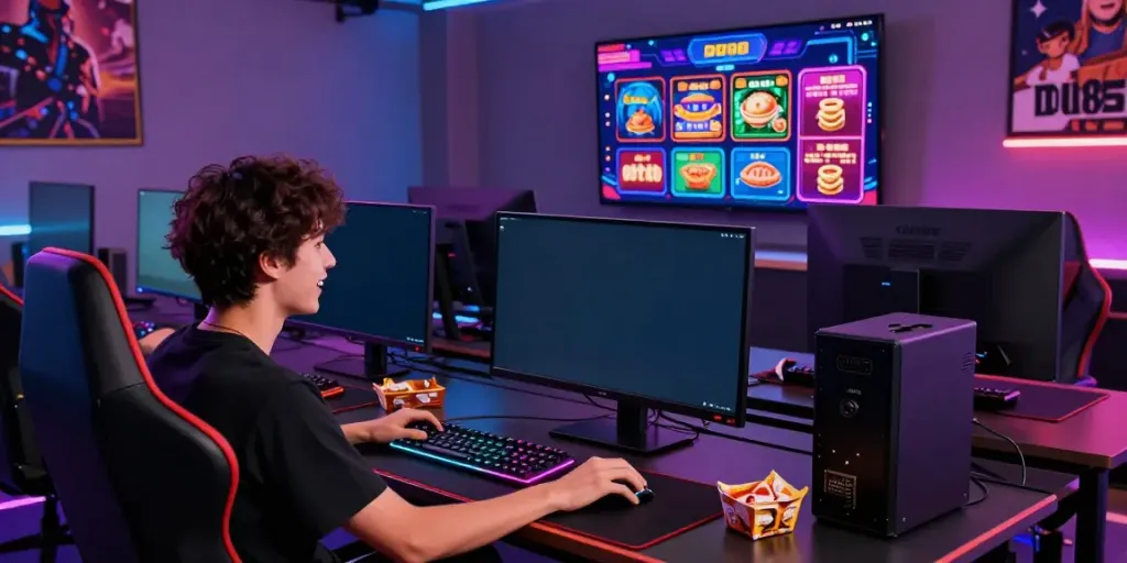 Excited gamer engaging with DU88 online betting platform at a high-tech desk.