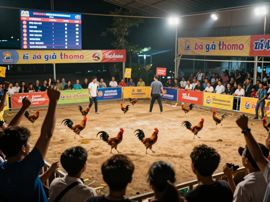 Exciting Đá gà thomo competition at Thomo venue showcasing skilled fighters and energetic crowd atmosphere