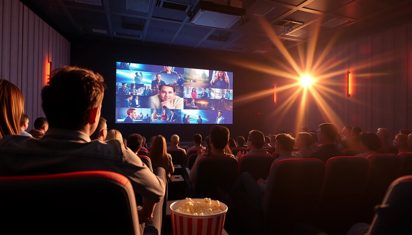 ดูหนัง ในบรรยากาศที่มีผู้ชมตื่นเต้นที่โรงหนังกับแสงไฟที่สดใส