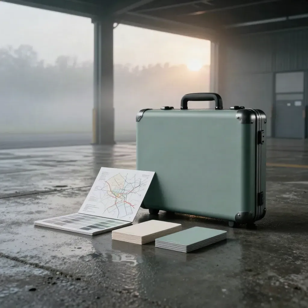 Launch sprint case with folio, swatches, and card stack on rain-slick concrete at dawn.