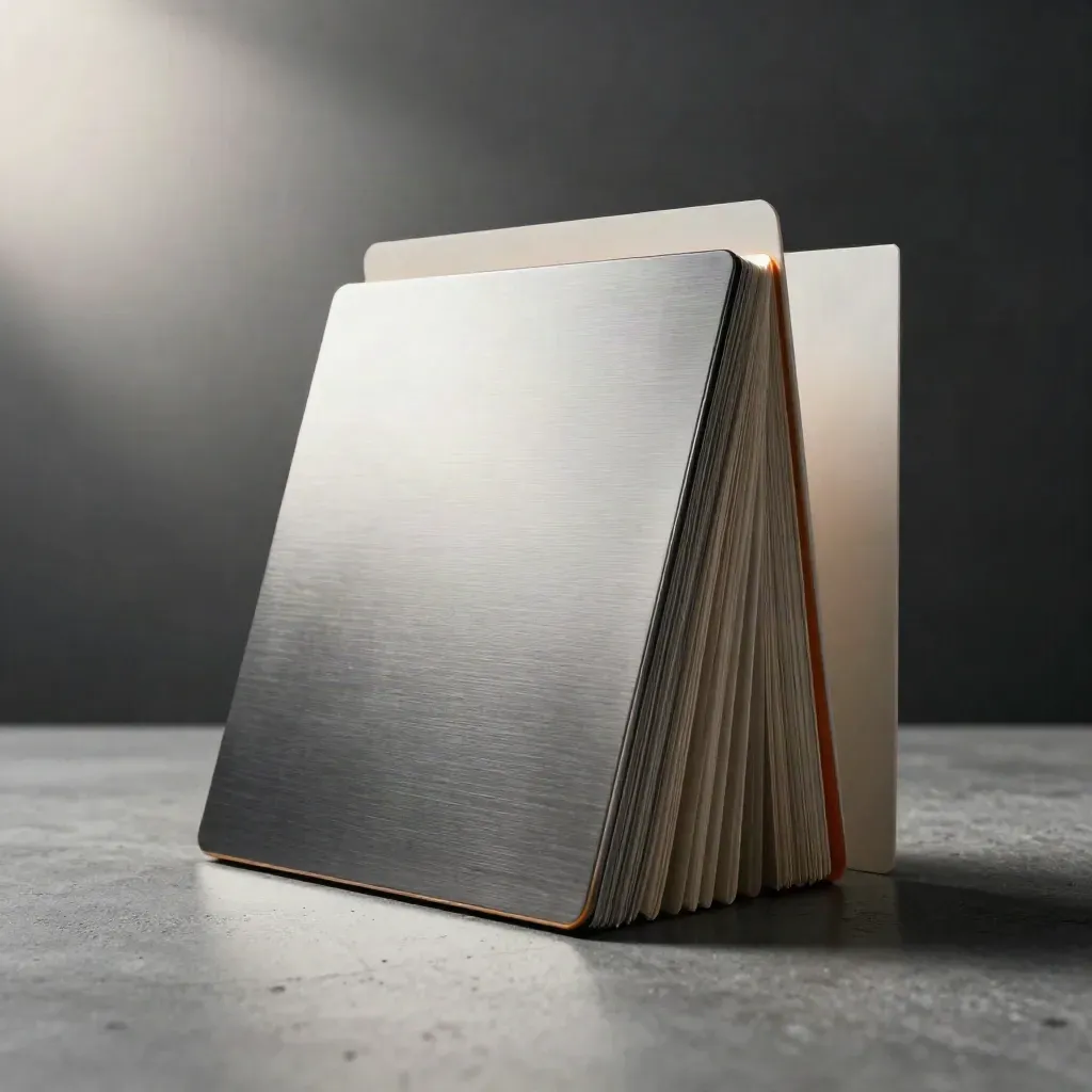 Brushed-metal presentation deck, fanned cards, and slim folder on a pewter surface.