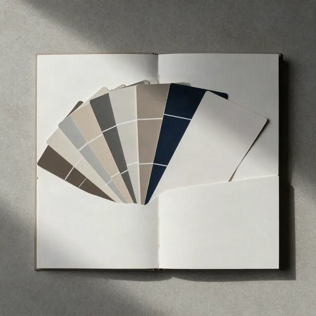 Open identity folio with swatches and blank tiles arranged on concrete, seen from directly above.