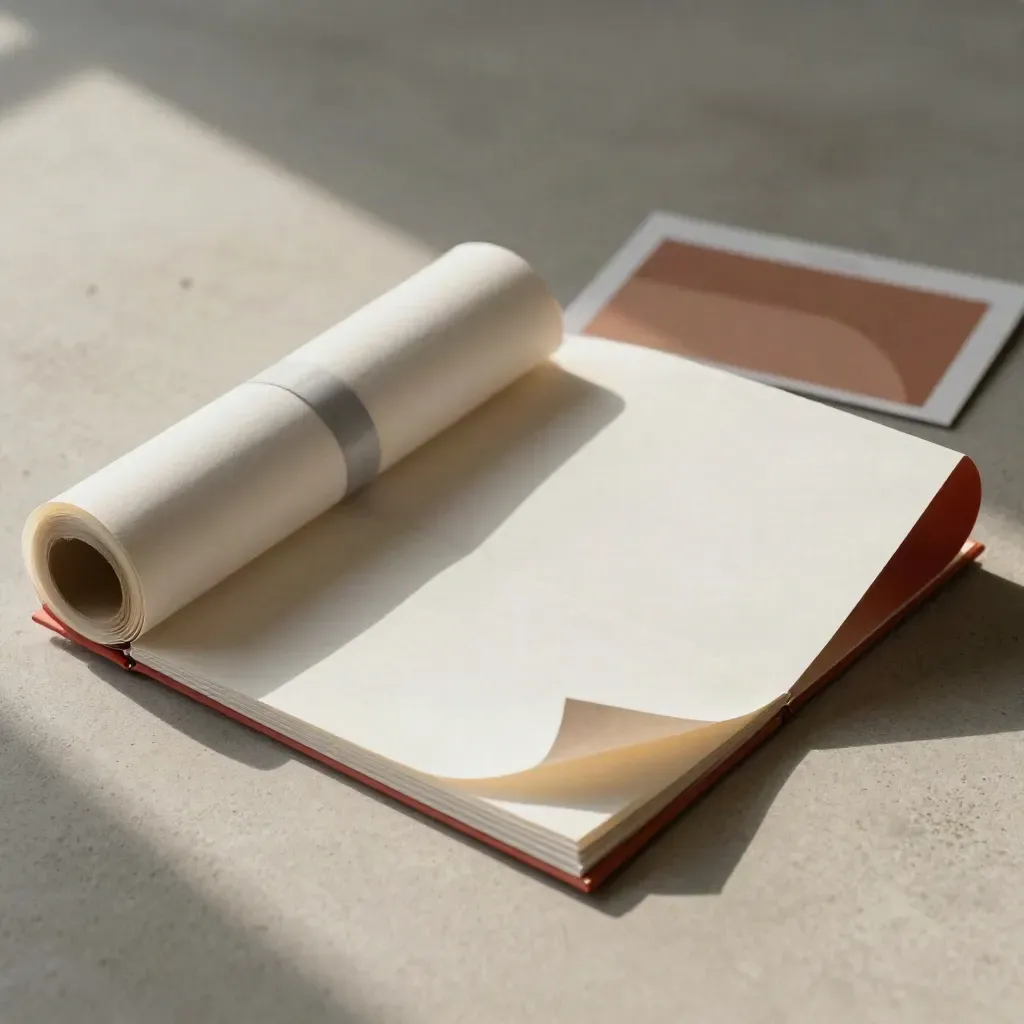 Folded mockup board, proof roll, and translucent sleeve on pale concrete with soft daylight.