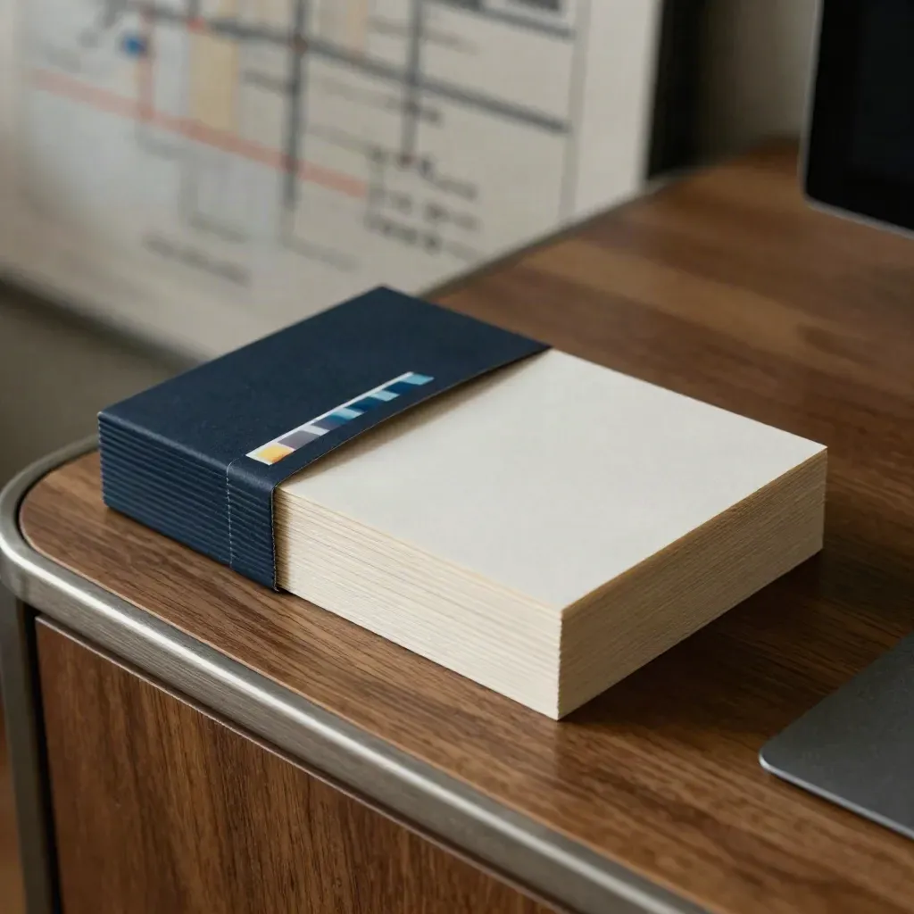 Ad proof cards and color chips on a walnut surface with navy sleeve