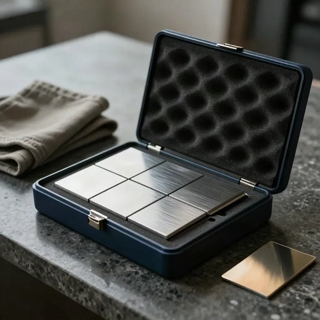 Open case with metallic identity tiles, emboss plates, and foil chips on dark stone