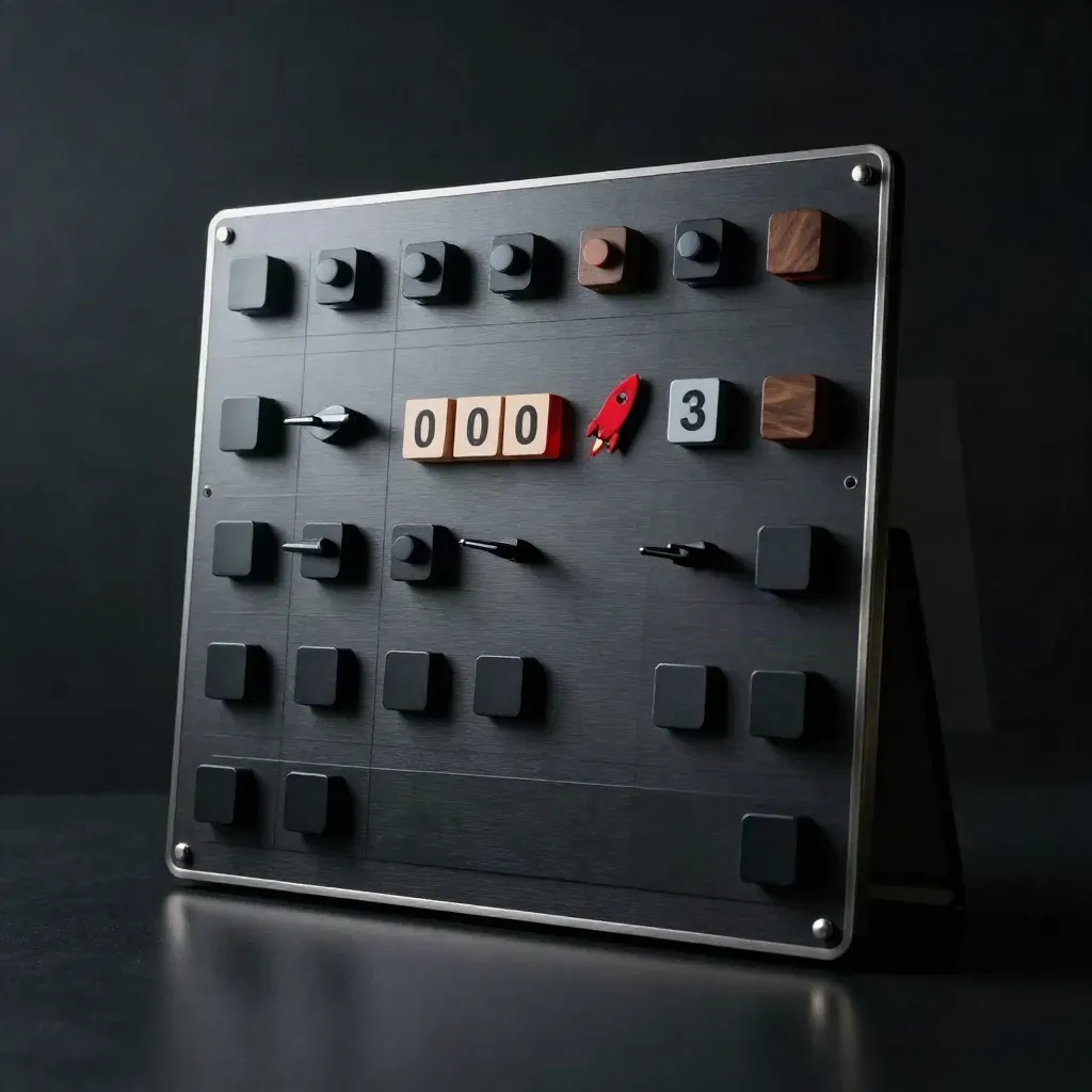 Dark dramatic modular launch planning board with offset magnetic tabs and a red accent marker.