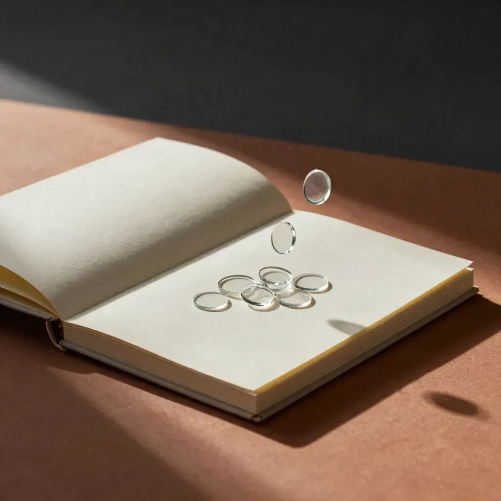 Clear audit discs and blank notebook on terracotta studio plinth, ember rim light