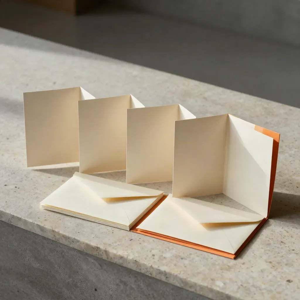 Accordion folder and envelope stack on pale stone, overhead studio flatlay with ember-orange accent