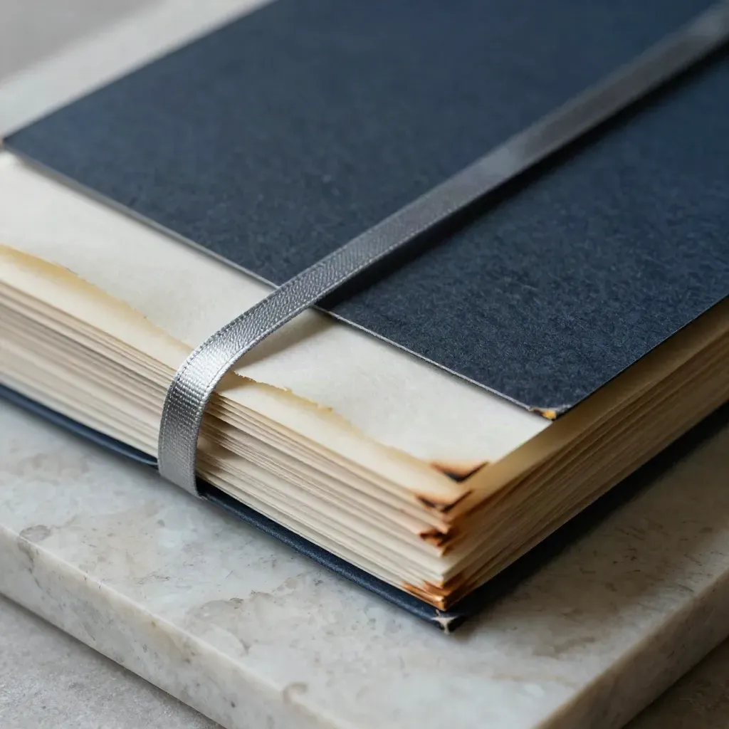 Charcoal folio with vellum tabs and ribbon tie on travertine, one tab lifting