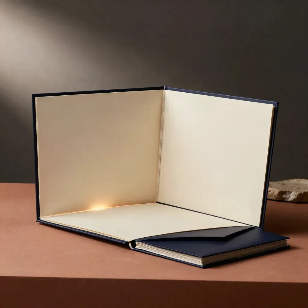 Accordion folder with five blank panels and a navy spine beside a slim envelope stack