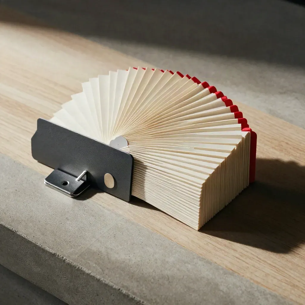 Overhead flatlay of a copy card sleeve, metal clip, and proof chips on warm stone