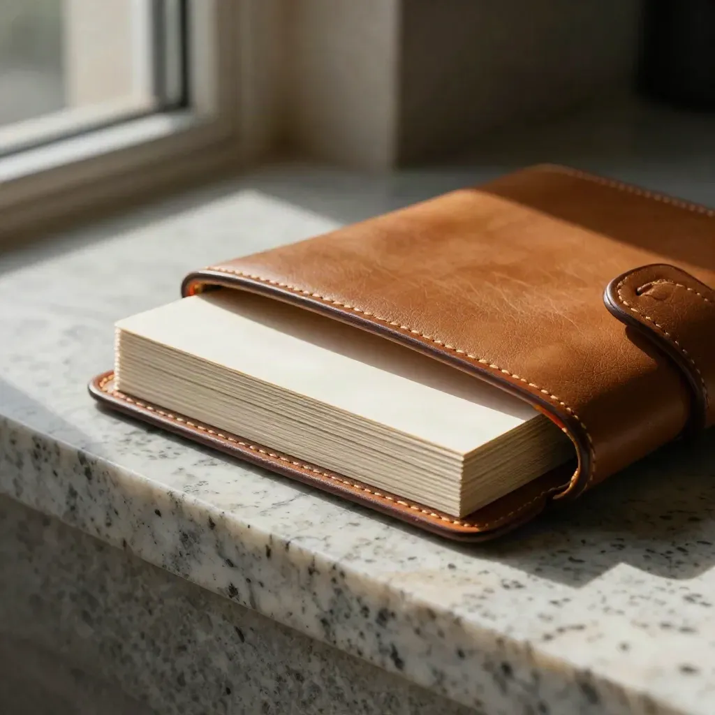 Soft leather brand folio with portrait cards on travertine in warm window light.