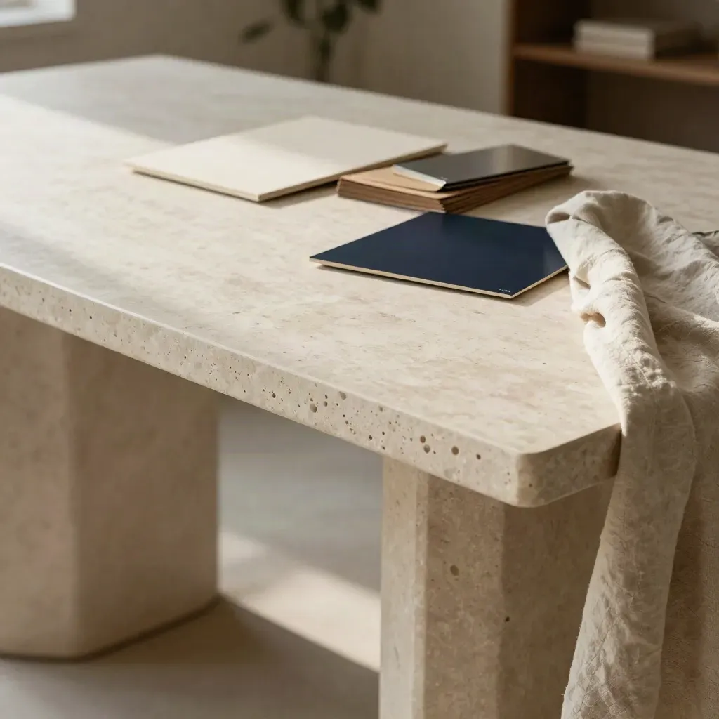 Travertine table with linen and brand kit materials in warm loft light