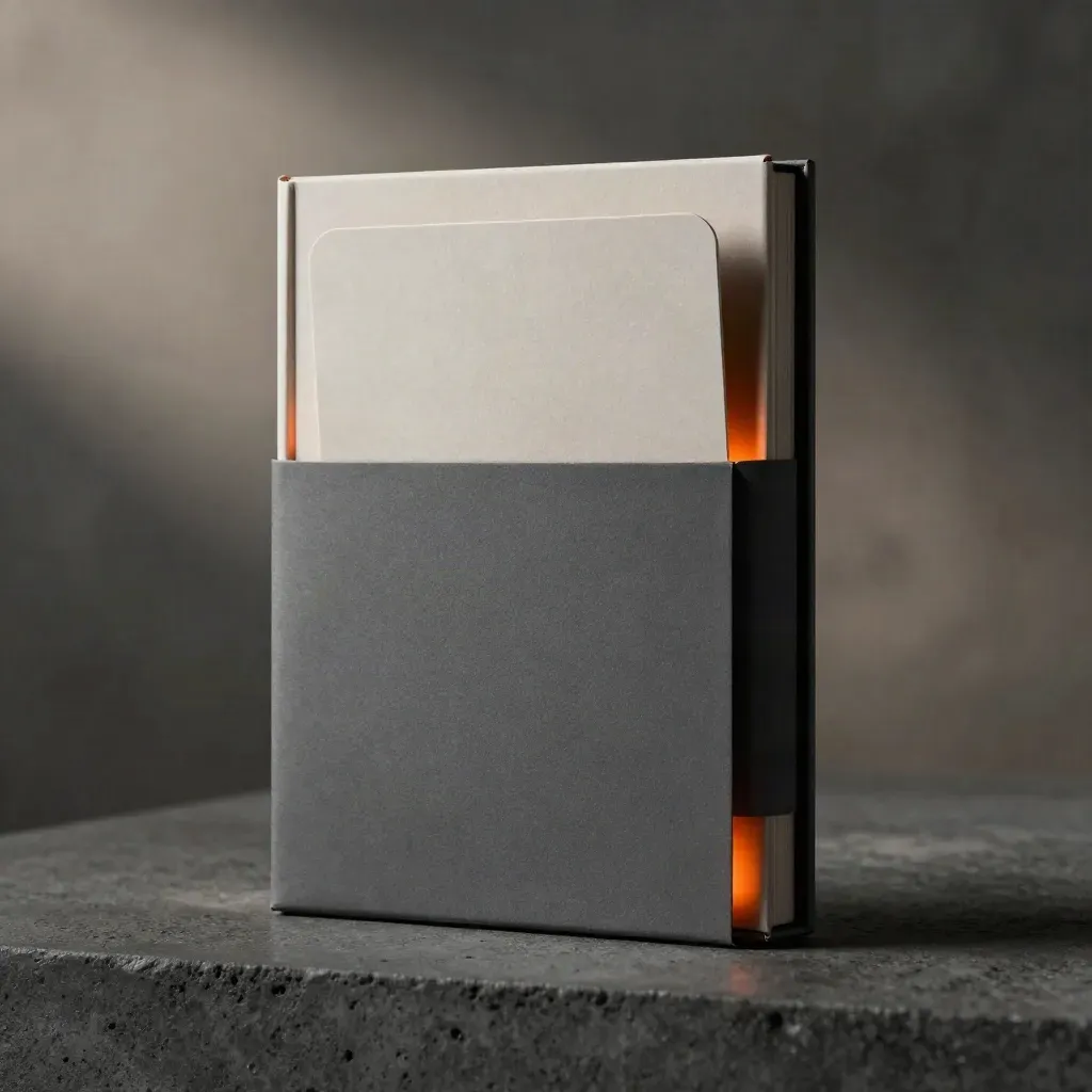 Graphite pitch deck box upright on dark stone, slightly open with ember-orange glow