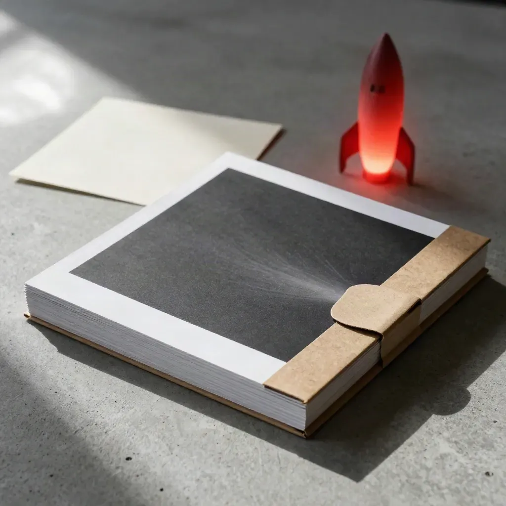 Square print proofs fanned from a kraft sleeve on concrete, lit by soft daylight.