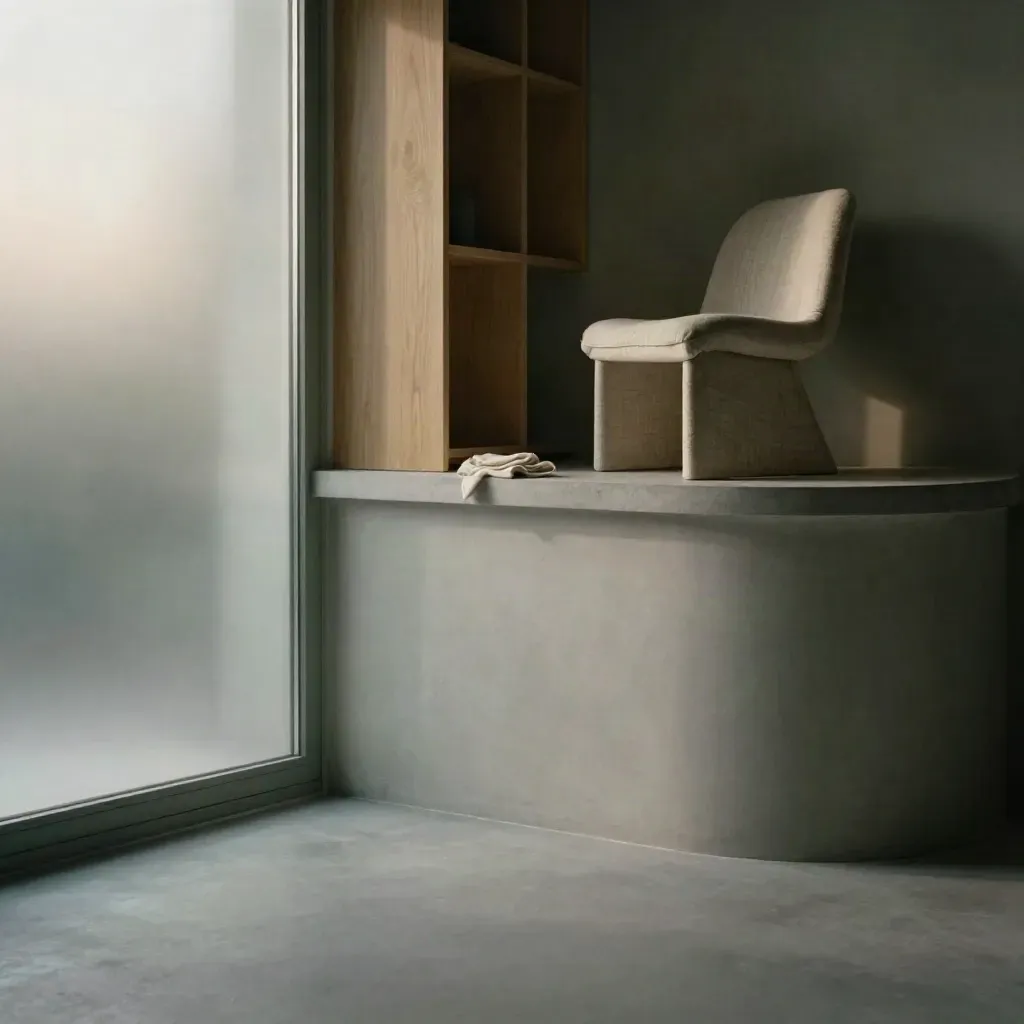 Frosted window, oak shelving blur, and sculptural chair in a calm sunlit studio corner.