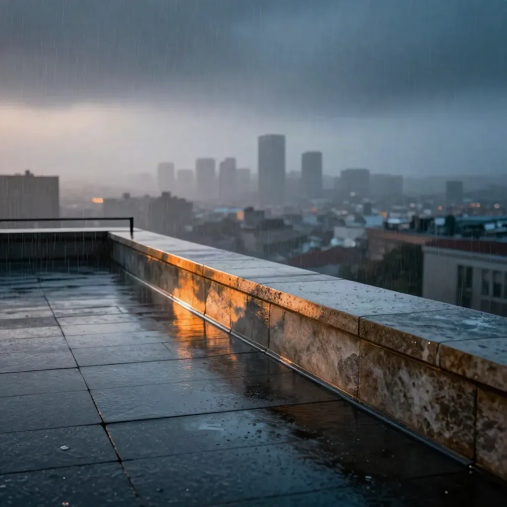 Rain-washed rooftop terrace at blue hour with wet stone parapet and glowing city skyline.