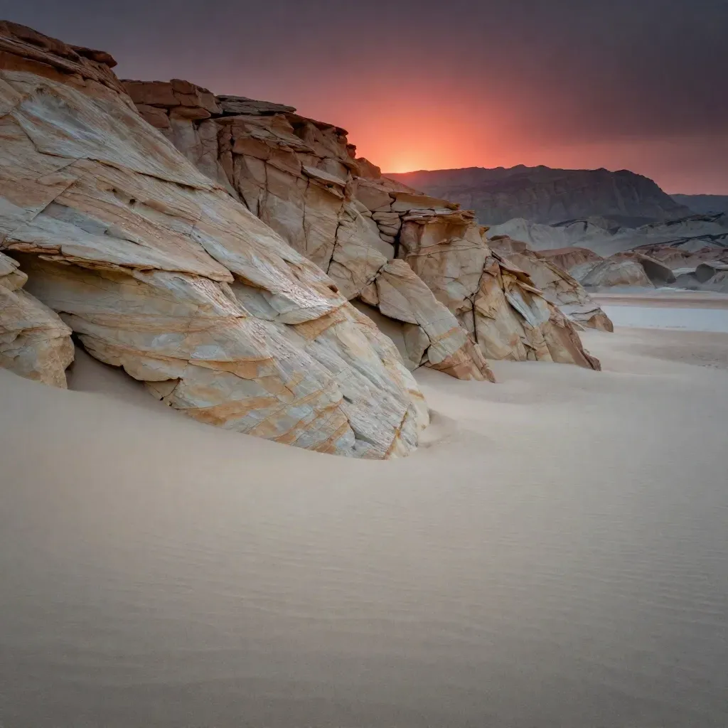 Sunlit desert ridge with smooth sand, mist, and layered cliffs