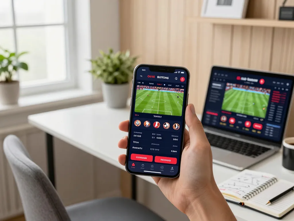 Engaging with fly88 online sports betting app on a smartphone, showcasing live event odds and stylish home setting