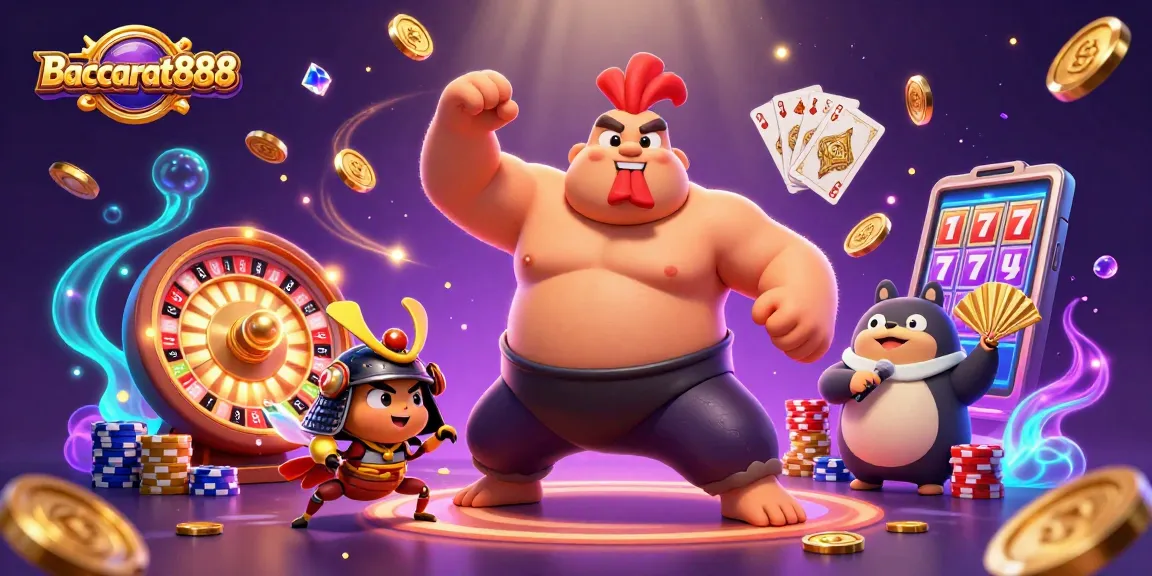 Baccarat888 animated scene featuring a powerful sumo wrestler rooster and samurai cricket, surrounded by casino elements.