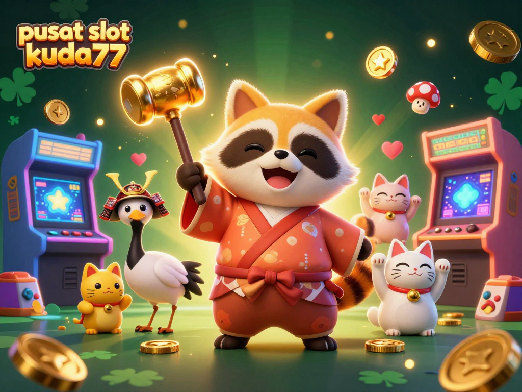 Ilustrasi pusat slot kuda77 dengan karakter lucu yang terlibat dalam permainan kasino, dikelilingi oleh elemen permainan yang menyenangkan.