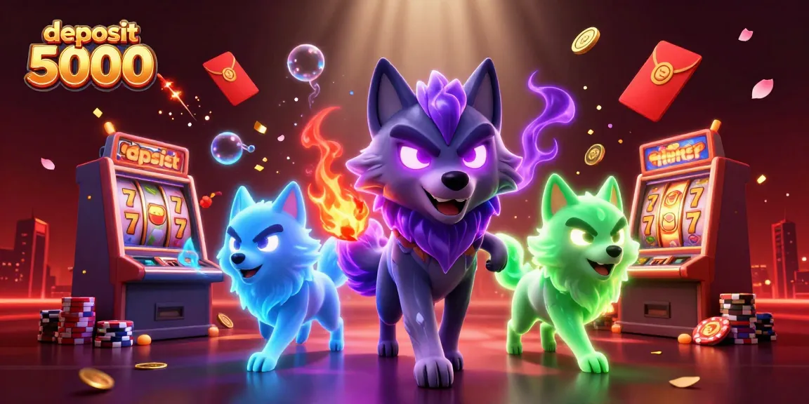 Engage with this vibrant casino-inspired illustration emphasizing deposit 5000 with glowing wolves and slot machines.