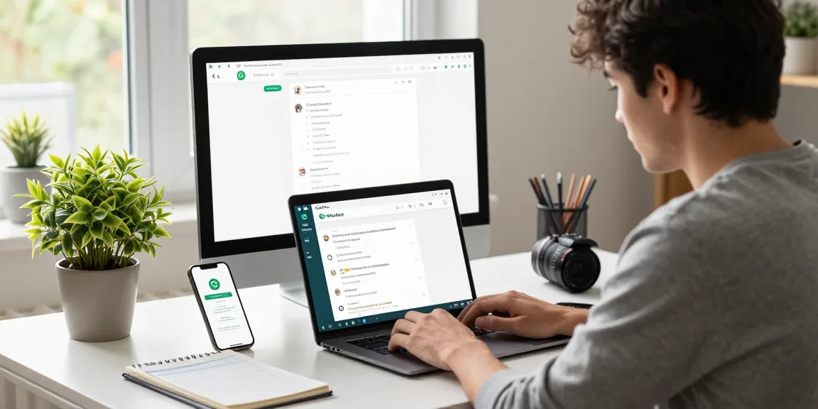 Young professional using WhatsApp電腦版 on laptop in a bright home office.