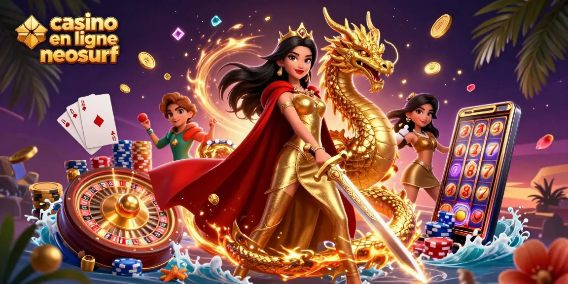 Découvrez l'excitation du casino en ligne neosurf avec une illustration 3D vibrante pleine d'éléments de jeu.