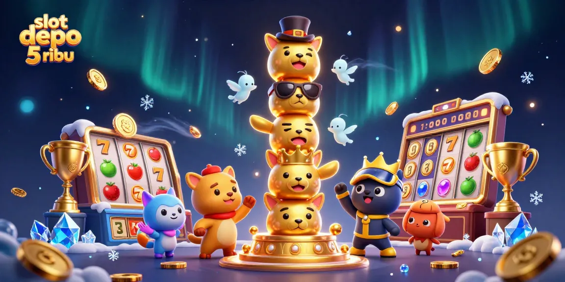 Engage in thrilling gameplay at slot depo 5 ribu with a vibrant 3D illustration of dynamic slot reels and golden trophies.