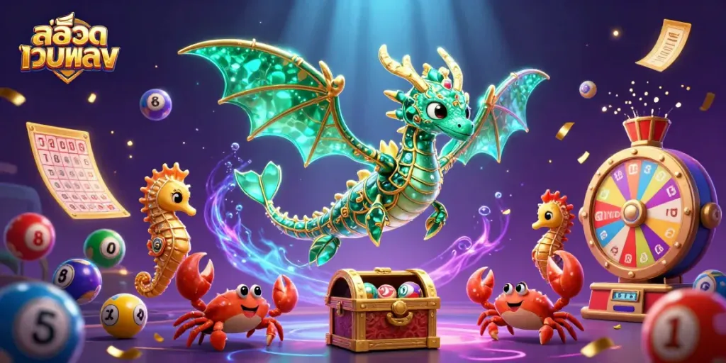 ภาพทางเข้าที่สล็อตเว็บตรง แสดงมังกรทะเล 3D และลูกบอลลอตเตอรี่ที่กระเด้งไปทั่ว